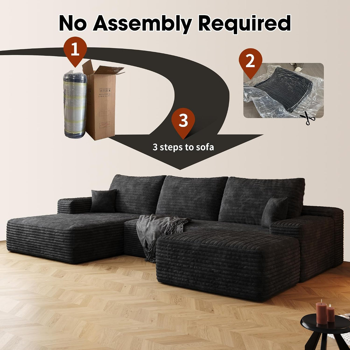 107" W Corduroy Sectional Cloud Couch with Chaise & Ottoman, No Assembly Required, U Shaped Modular Sectional Sofa, Cozy Fluffy Sofa for Living Room (Black, Left Facing Chaise+Ottoman)