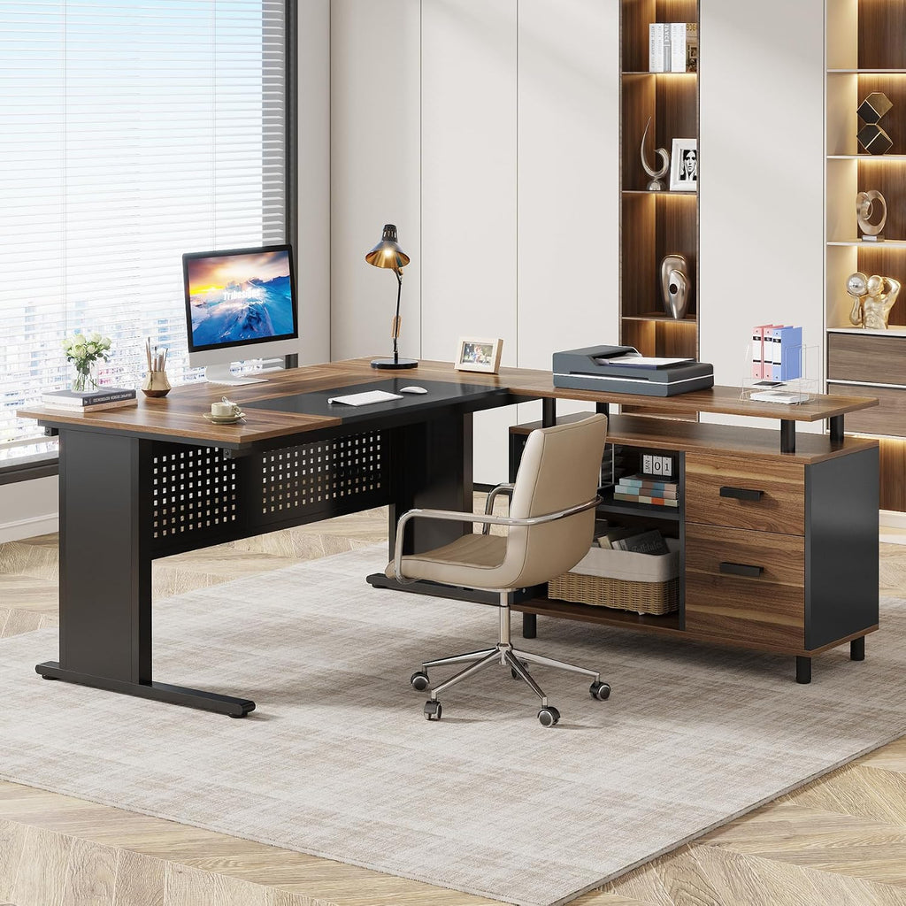 Tribesigns 63 Inch Executive Desk with Filing Cabinet, L Shaped Office Desk | Large Office Desk with File Drawer, L Shaped Desk with Storage, Computer Desk for Home Office, Easy Assembly, Brown and Black