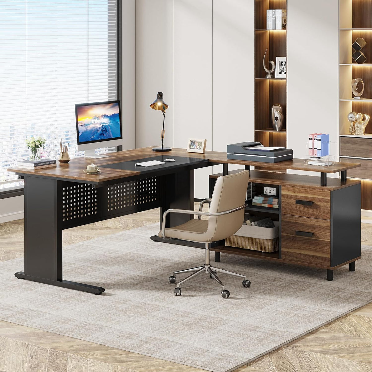 Tribesigns 63 Inch Executive Desk with Filing Cabinet, L Shaped Office Desk | Large Office Desk with File Drawer, L Shaped Desk with Storage, Computer Desk for Home Office, Easy Assembly, Brown and Black