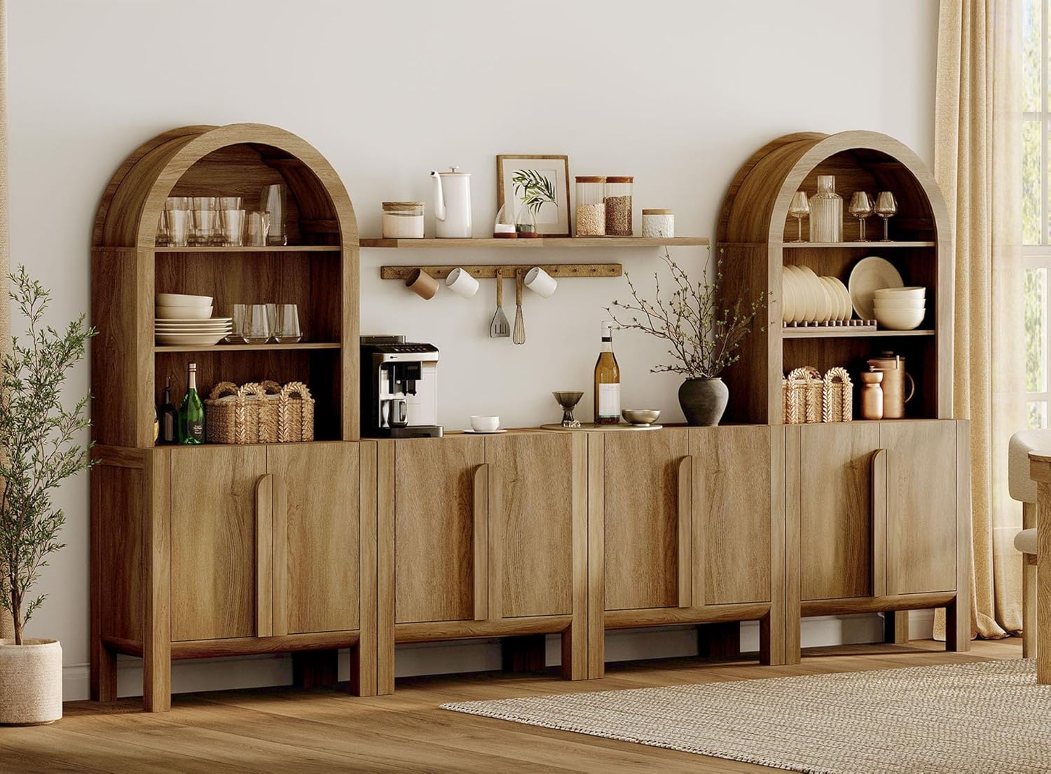 WAMPAT 6 in 1 Large 71" Tall Arched Cabinet with Doors, Modern Farmhouse Kitchen Pantry Cabinet for Kitchen, Living Room, Walnut