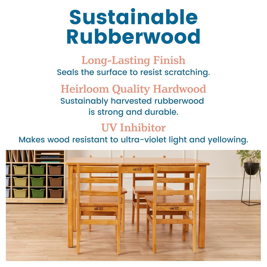 ECR4Kids 24in x 48in Rectangular Hardwood Table with 28in Legs and Four 16in Chairs, Kids Furniture, Honey, 5-Piece | Durable rubberwood, GREENGUARD Gold Certified, ANSI/BIFMA Compliant, 10-12 years, 200 lb seat capacity, classroom & home use