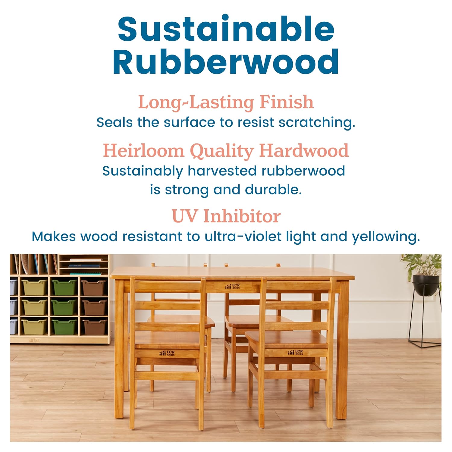 ECR4Kids 24in x 48in Rectangular Hardwood Table with 28in Legs and Four 16in Chairs, Kids Furniture, Honey, 5-Piece | Durable rubberwood, GREENGUARD Gold Certified, ANSI/BIFMA Compliant, 10-12 years, 200 lb seat capacity, classroom & home use