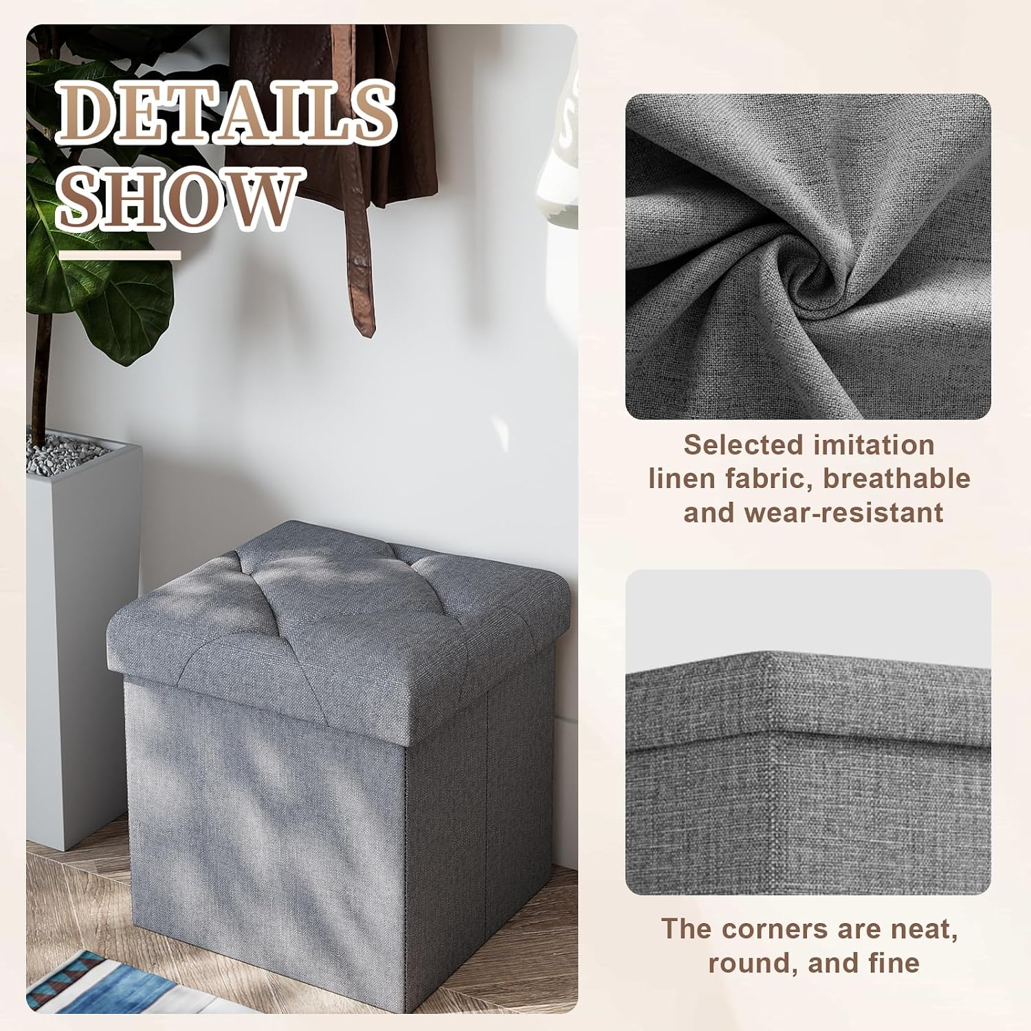15 Inches Ottoman with Storage, Folding Storage Ottoman Bench Set, Storage Chest for Entryway, Living Room, Support 500LBS, Grey