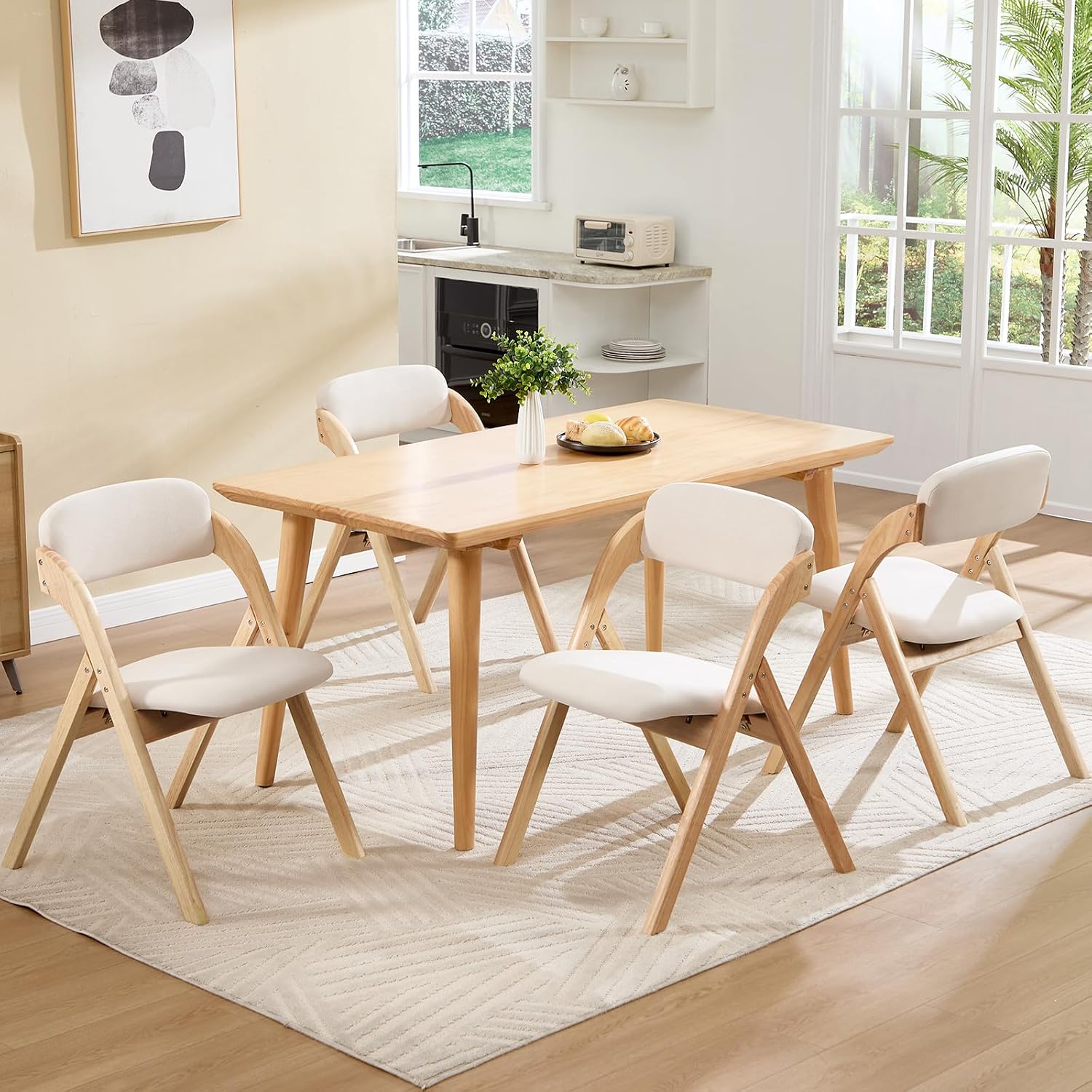 Folding Chairs with Cushion Set of 4,Linen Padded Foldable Dining Chairs, Raw Wooden Folding Dining Chairs, for Dining Rooms, Wedding Parties, Offices Indoor Outdoor Beige