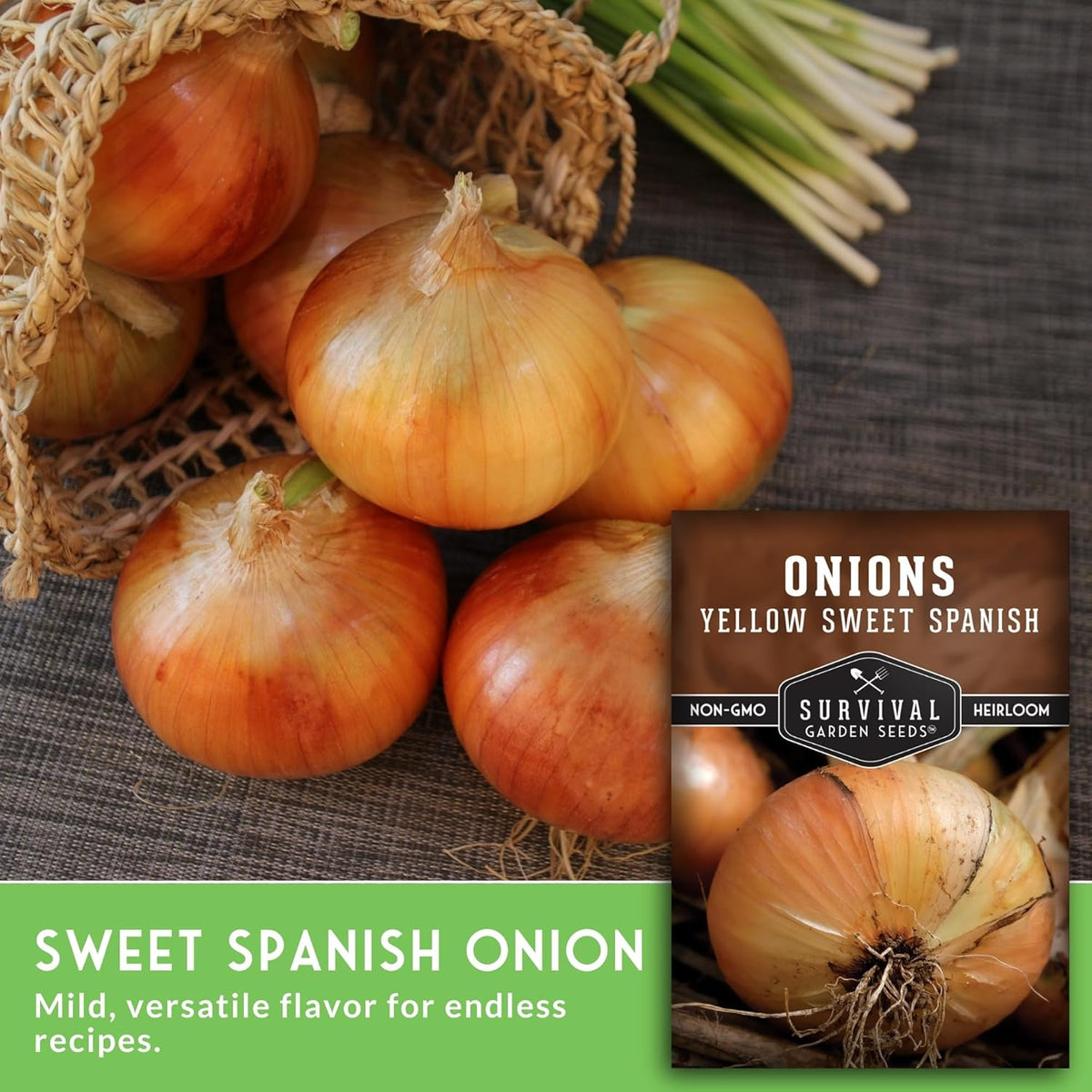 Yellow Sweet Spanish Onion Seed for Planting - 5 Packets with Instructions to Plant and Grow Long Day Onions in Your Home Vegetable Garden - Non-GMO Heirloom Variety - Survival Garden Seeds