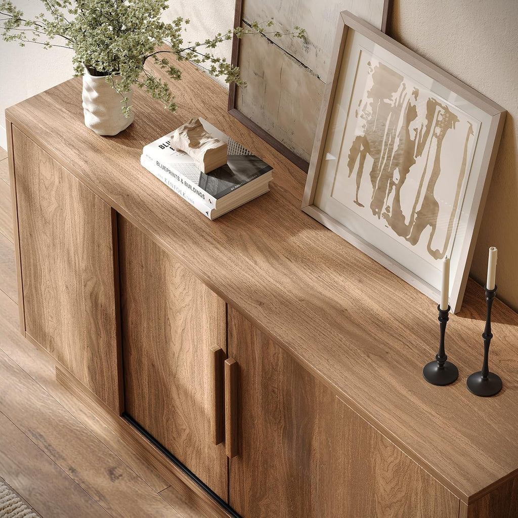 ModernMate 63'' Sideboard Buffet Cabinet with 4 Sliding Doors, Wood Credenza Storage Cabinet with Pedestal Base, Large Side Board with Adjustable Shelf for Living Room, Kitchen, Hallway, Walnut