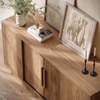 ModernMate 63'' Sideboard Buffet Cabinet with 4 Sliding Doors, Wood Credenza Storage Cabinet with Pedestal Base, Large Side Board with Adjustable Shelf for Living Room, Kitchen, Hallway, Walnut