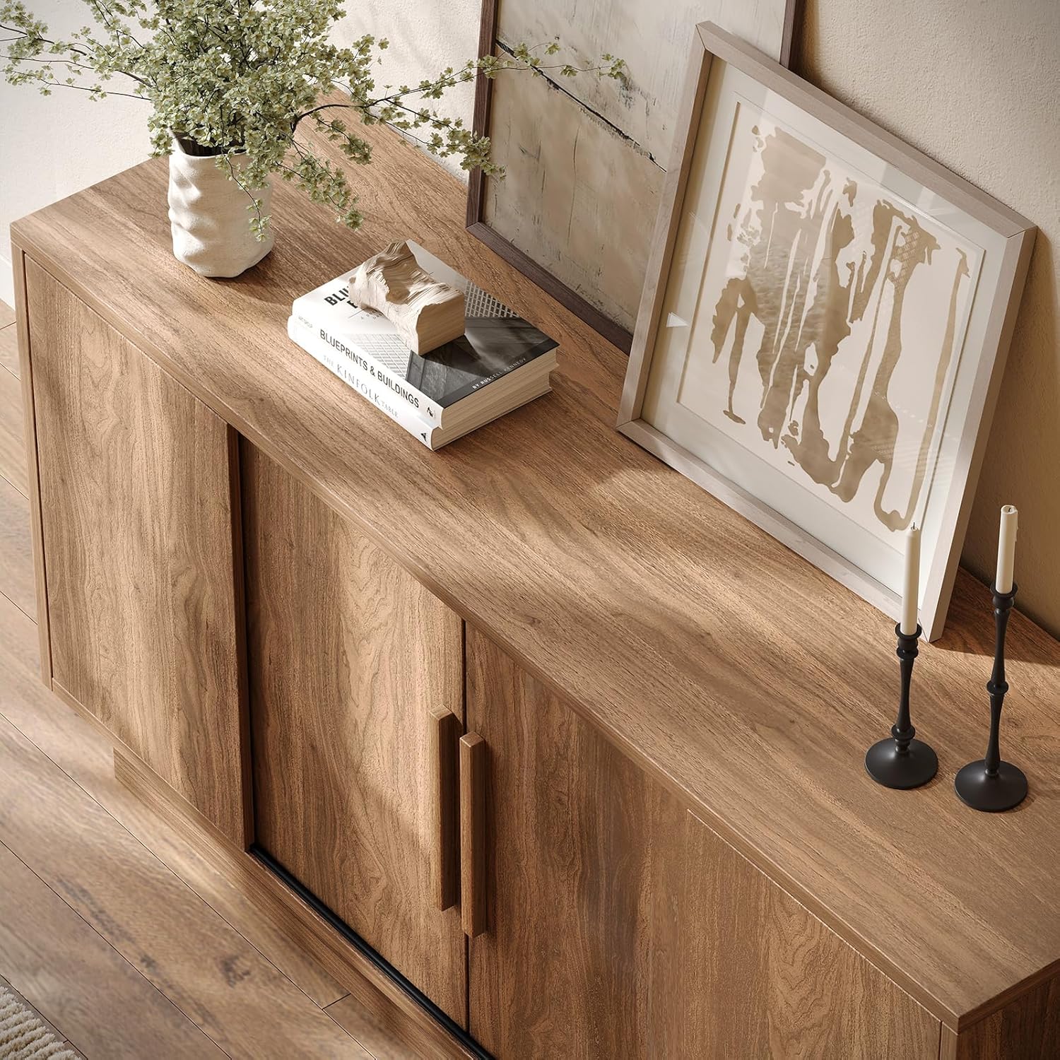 ModernMate 63'' Sideboard Buffet Cabinet with 4 Sliding Doors, Wood Credenza Storage Cabinet with Pedestal Base, Large Side Board with Adjustable Shelf for Living Room, Kitchen, Hallway, Walnut