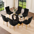 Ebullient Glass Dining Table Set for 6, 63" Modern Kitchen Table with 6 Black Velvet Upholstered Chairs, Tempered Glass Top, Gold Metal Base, 7 Piece Rectangular Dining Room Furniture