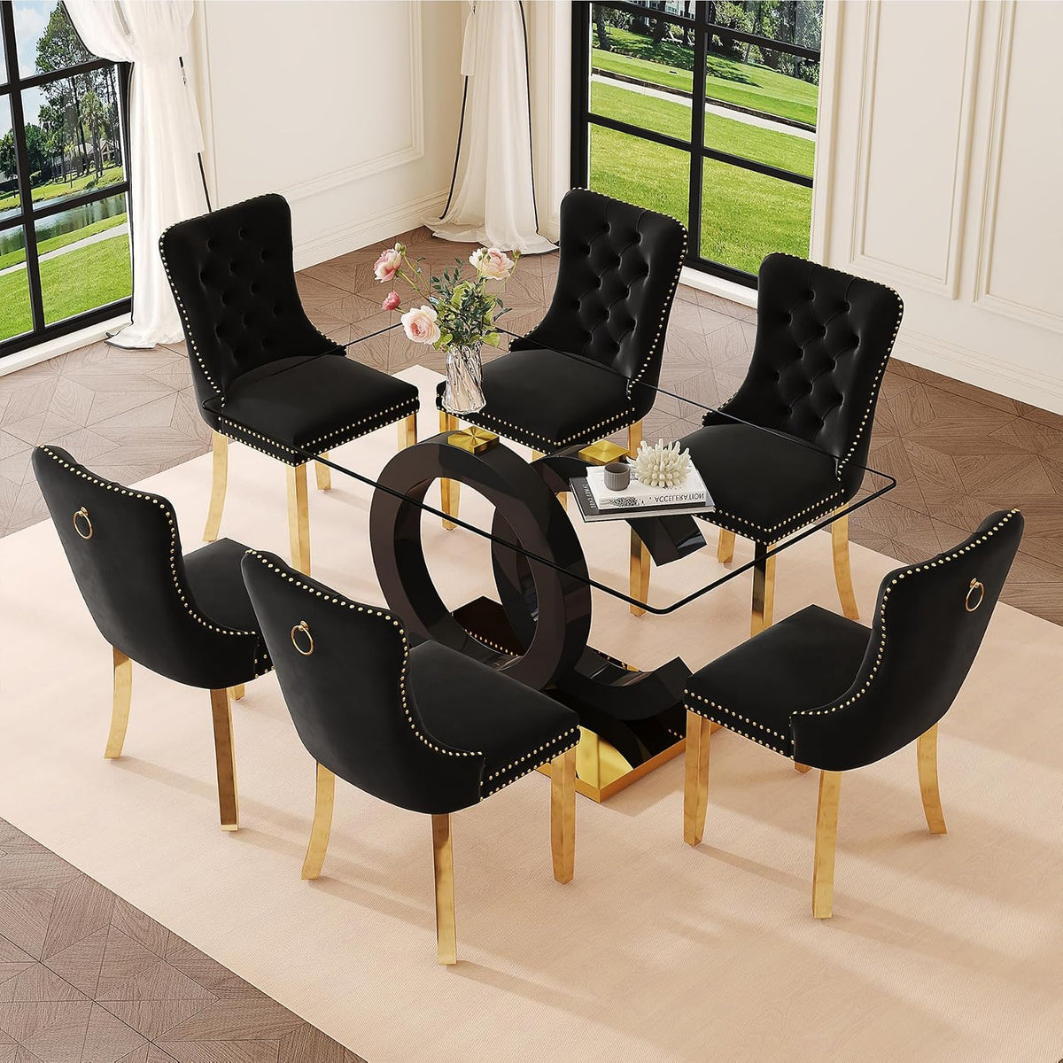 Ebullient Glass Dining Table Set for 6, 63" Modern Kitchen Table with 6 Black Velvet Upholstered Chairs, Tempered Glass Top, Gold Metal Base, 7 Piece Rectangular Dining Room Furniture