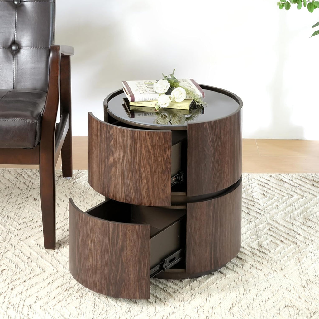 Italian High-End MDF Double-Layer Storage Round Side Table - Brown & Black Elegance