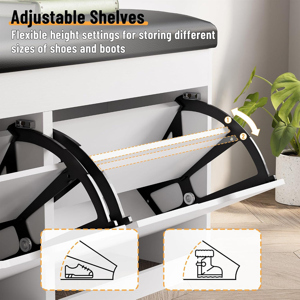 40" Shoe Storage Bench with 2 Flip Drawers & Padded Seat Cushion, Shoe Cabinet with Lift Top Storage Box, Shoe Bench Shoe Organizer for Entryway, Hallway, Living Room, White
