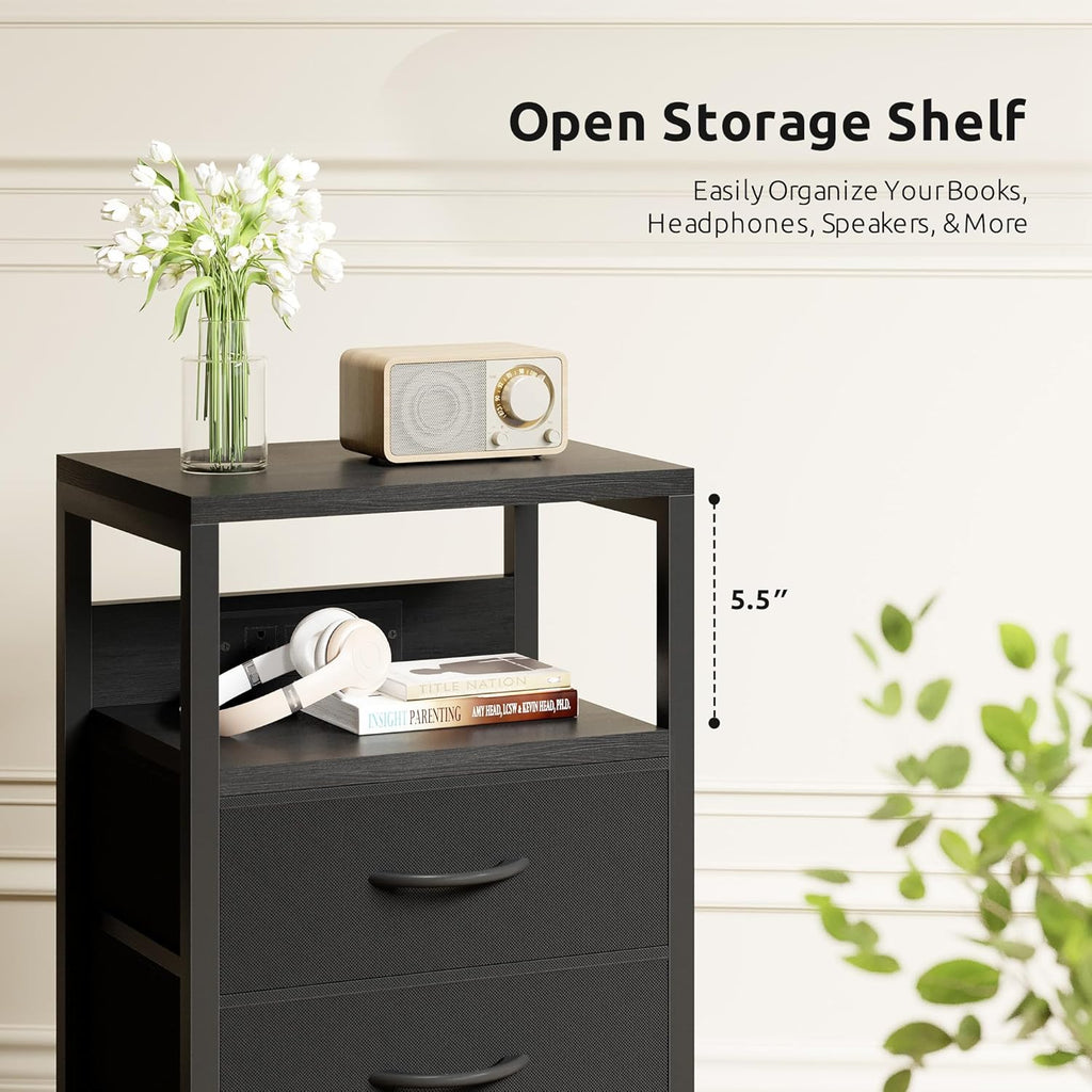 Lazzanto Night Stand with Charger Station for Bedroom, Black Nightstand | Bedside Table, Open Shelf, 2 Fabric Drawers, Built in USB-A, USB-C Port & AC Outlets, For Dorm, Living Room, Bedroom