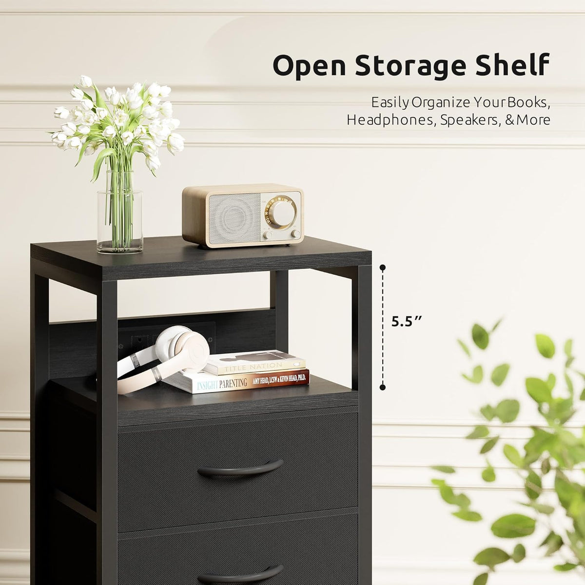 Lazzanto Night Stand with Charger Station for Bedroom, Black Nightstand | Bedside Table, Open Shelf, 2 Fabric Drawers, Built in USB-A, USB-C Port & AC Outlets, For Dorm, Living Room, Bedroom