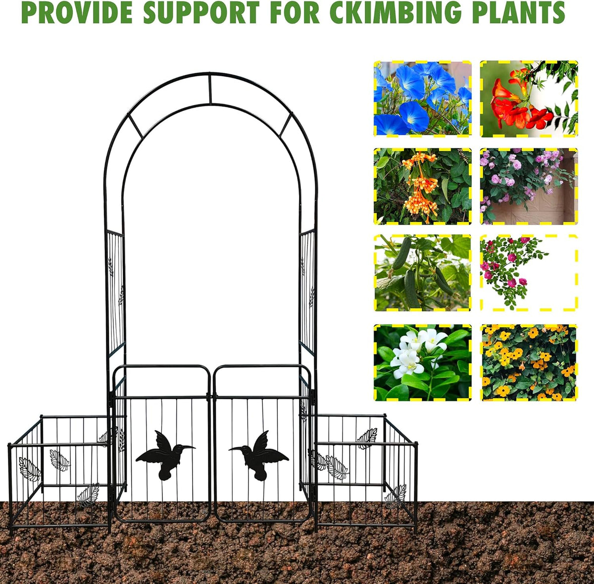 Metal Garden Arbor Arch with Gate and Plant Box, 86.6" H Garden Trellis Wedding Arch Party Decoration for Outdoor Lawn Climbing Plants Support Roses Vines (Bird)