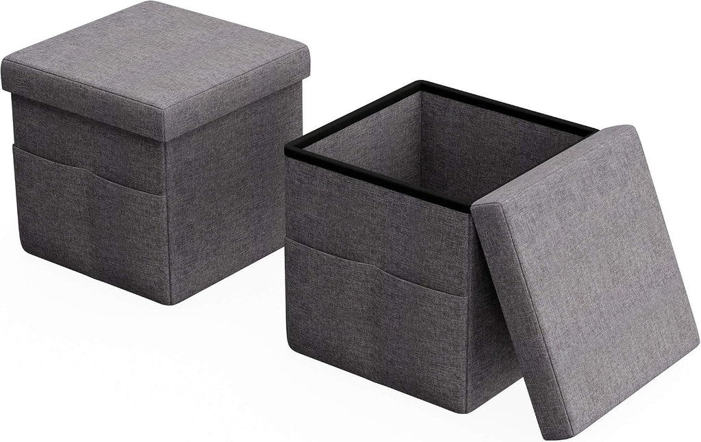 Set of 2 Ottomans with Storage Pockets - 15-Inch Folding Foot Rests or Storage Organizers for Bedroom, Living Room, or Dorm by Lavish Home (Gray)