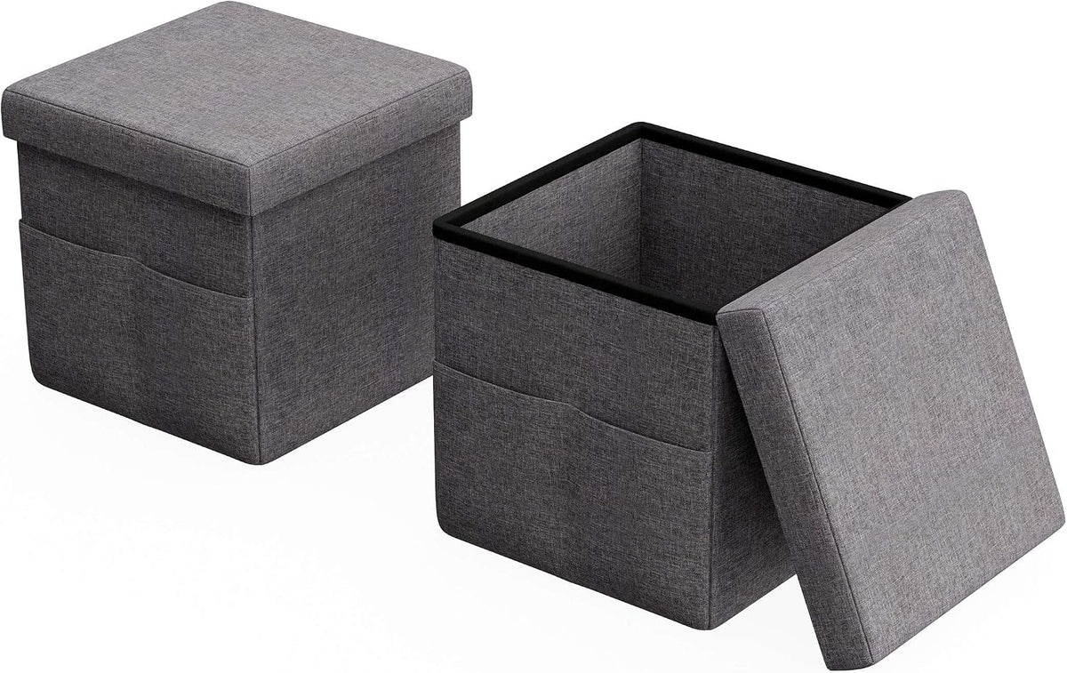 Set of 2 Ottomans with Storage Pockets - 15-Inch Folding Foot Rests or Storage Organizers for Bedroom, Living Room, or Dorm by Lavish Home (Gray)