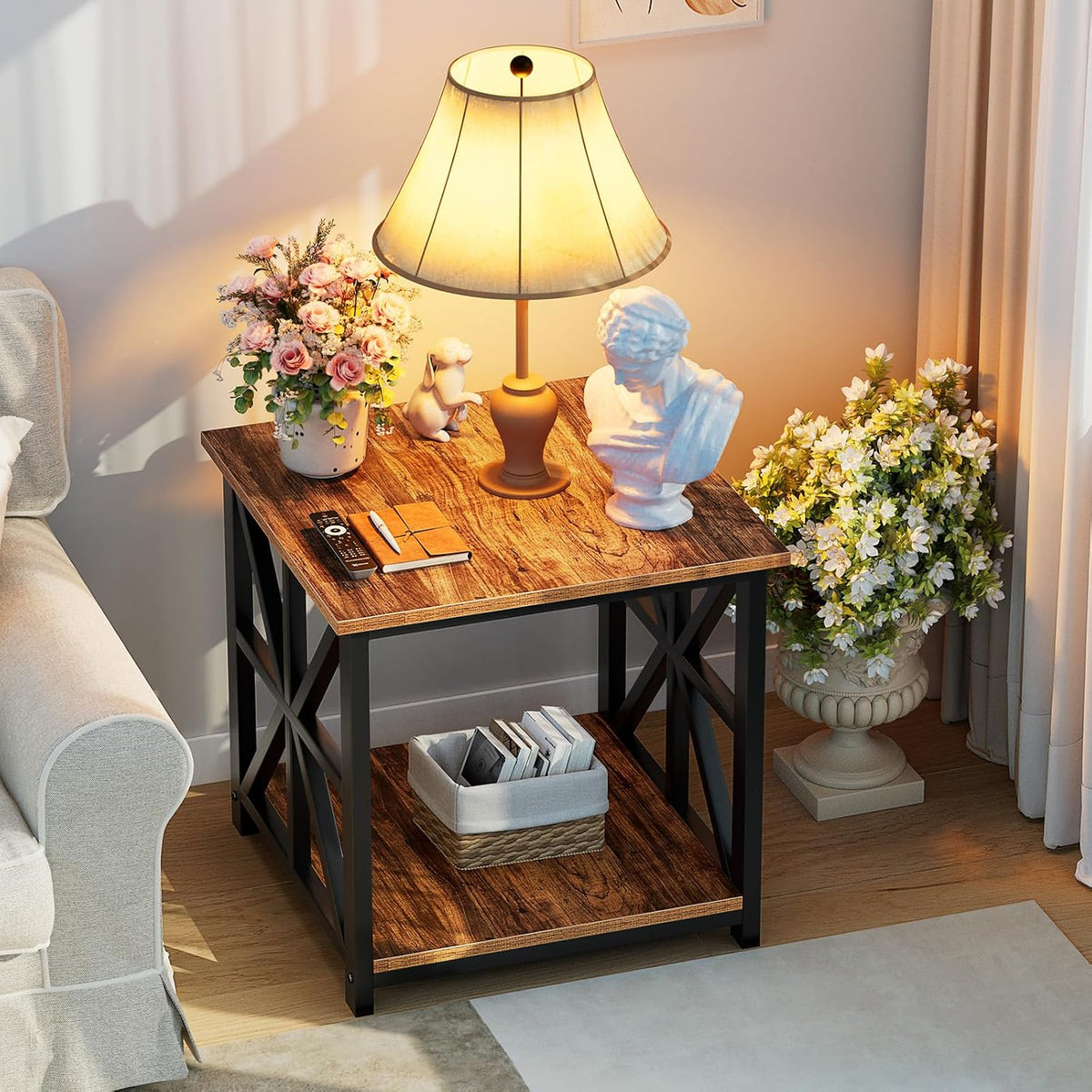 GreenForest Large End Table with X-Shaped Metal Frame for Living Room | Rustic Side Table for Bedroom Office,2-Tier Storage Shelf Nightstand,Scratch-resistant Sofa Table,Walnut,24 inch