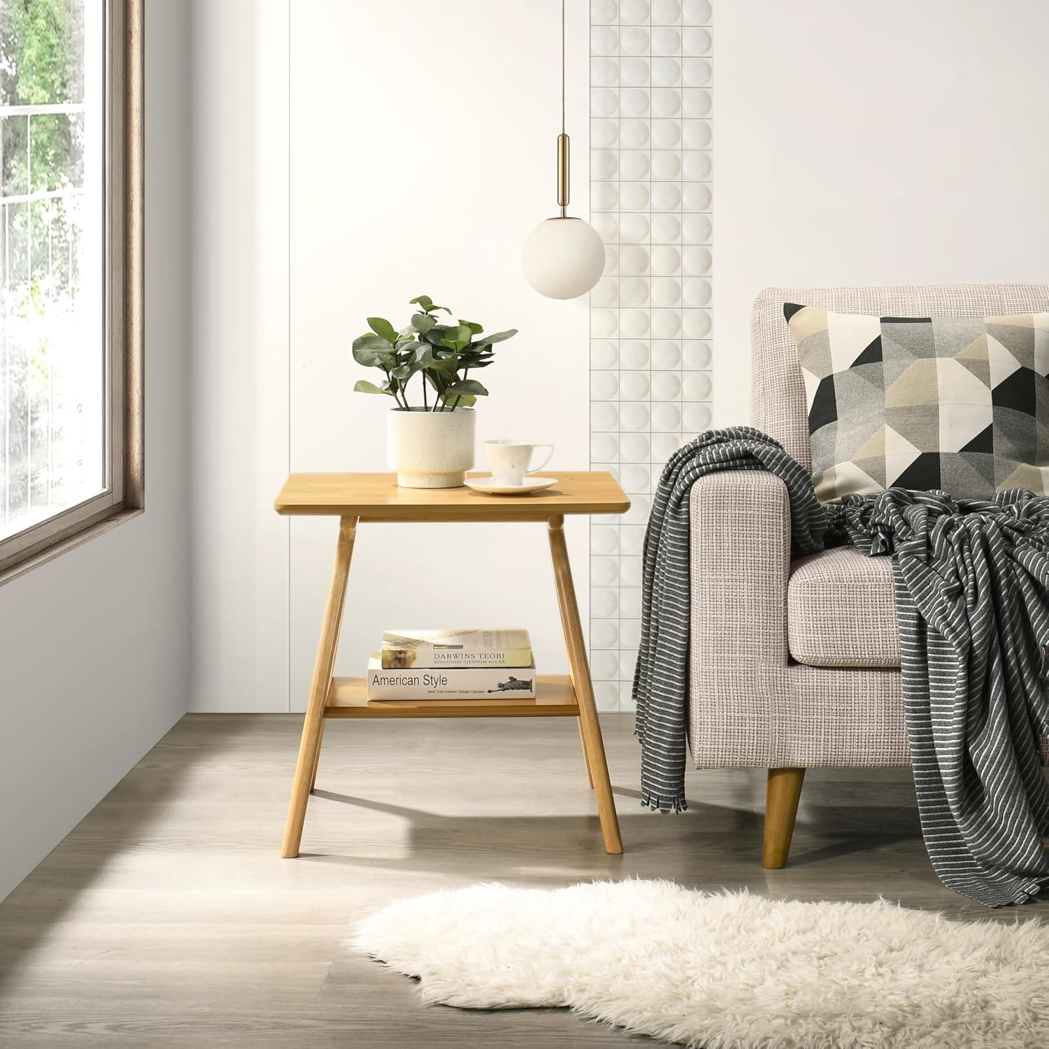 Roundhill Furniture Arona Mid-Century Modern Wood Shelf End Table, Natural Oak Finish