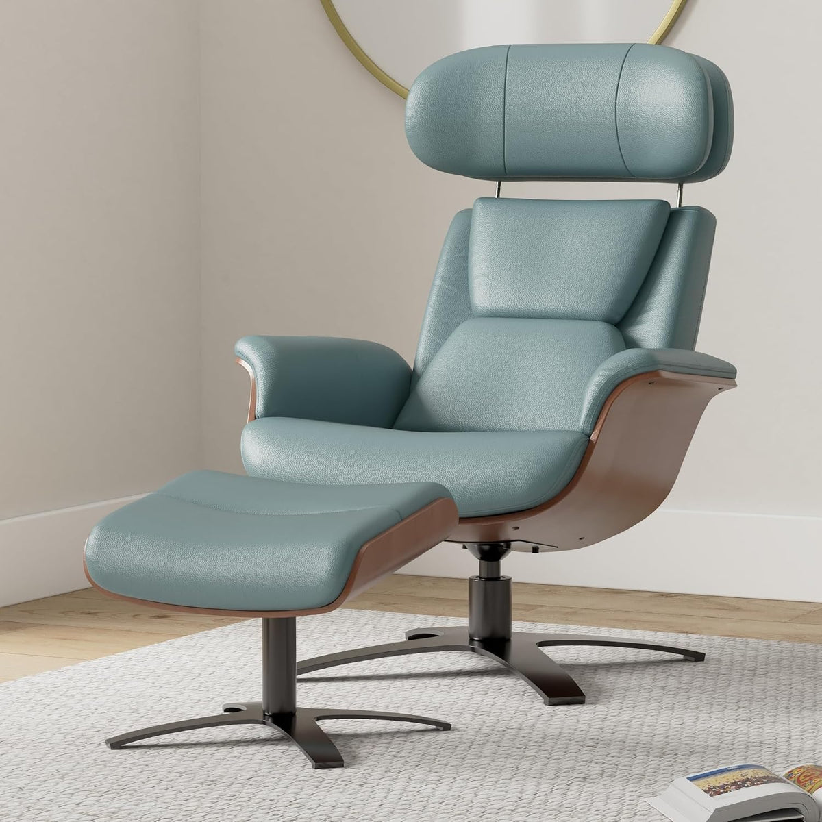 CHITA Genuine Leather Reclining Swivel Accent Chair with Ottoman, Teal | Eames Swivel Chair with Adjustable Backrest and Headrest for living Room & Office, 34.3"Dx31.1"Wx39.4"H, 350 Lbs Capacity