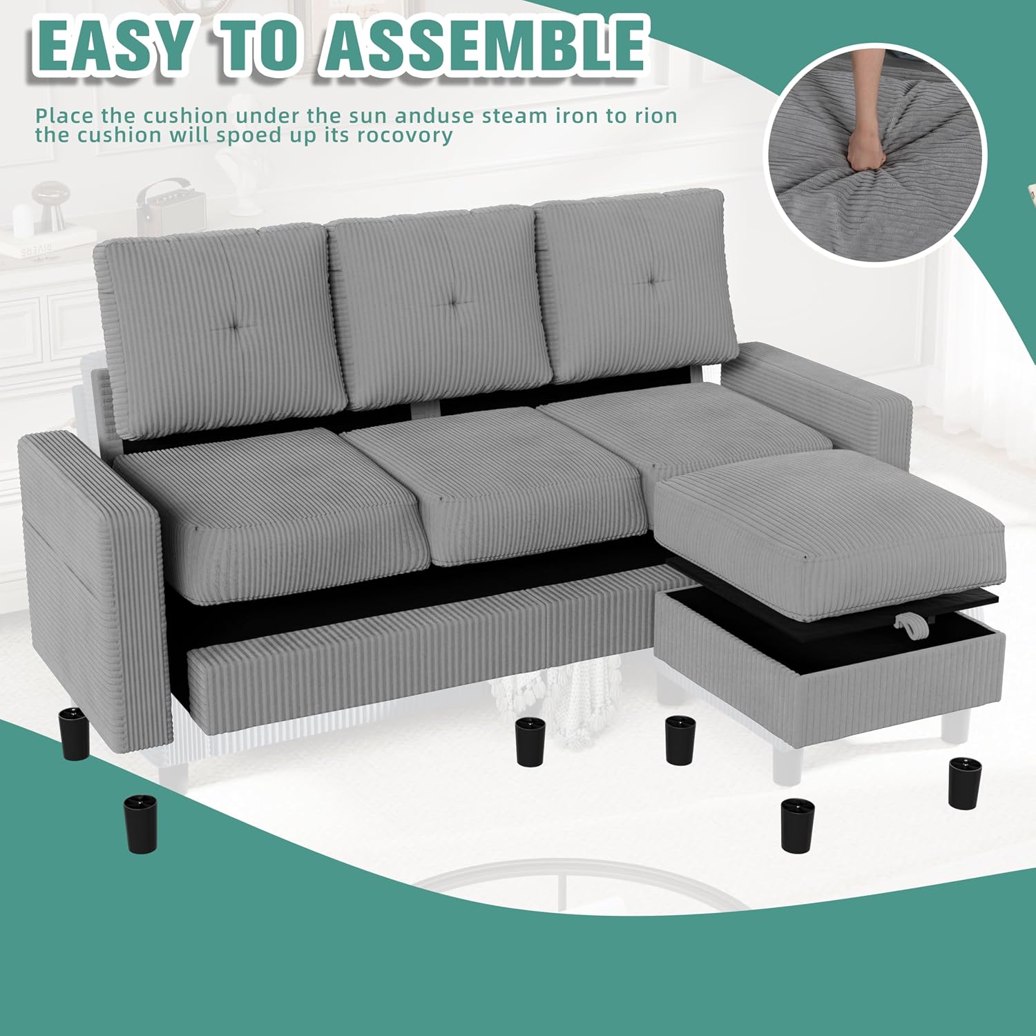 SUNLEI Convertible Sectional Sofa for Small Spaces, L Shaped Modular Sofa with Reversible Chaise & Ottoman Storage, 3 Seat Modern Small Couches for Living Room in Apartment, Linen Fabric, Greige