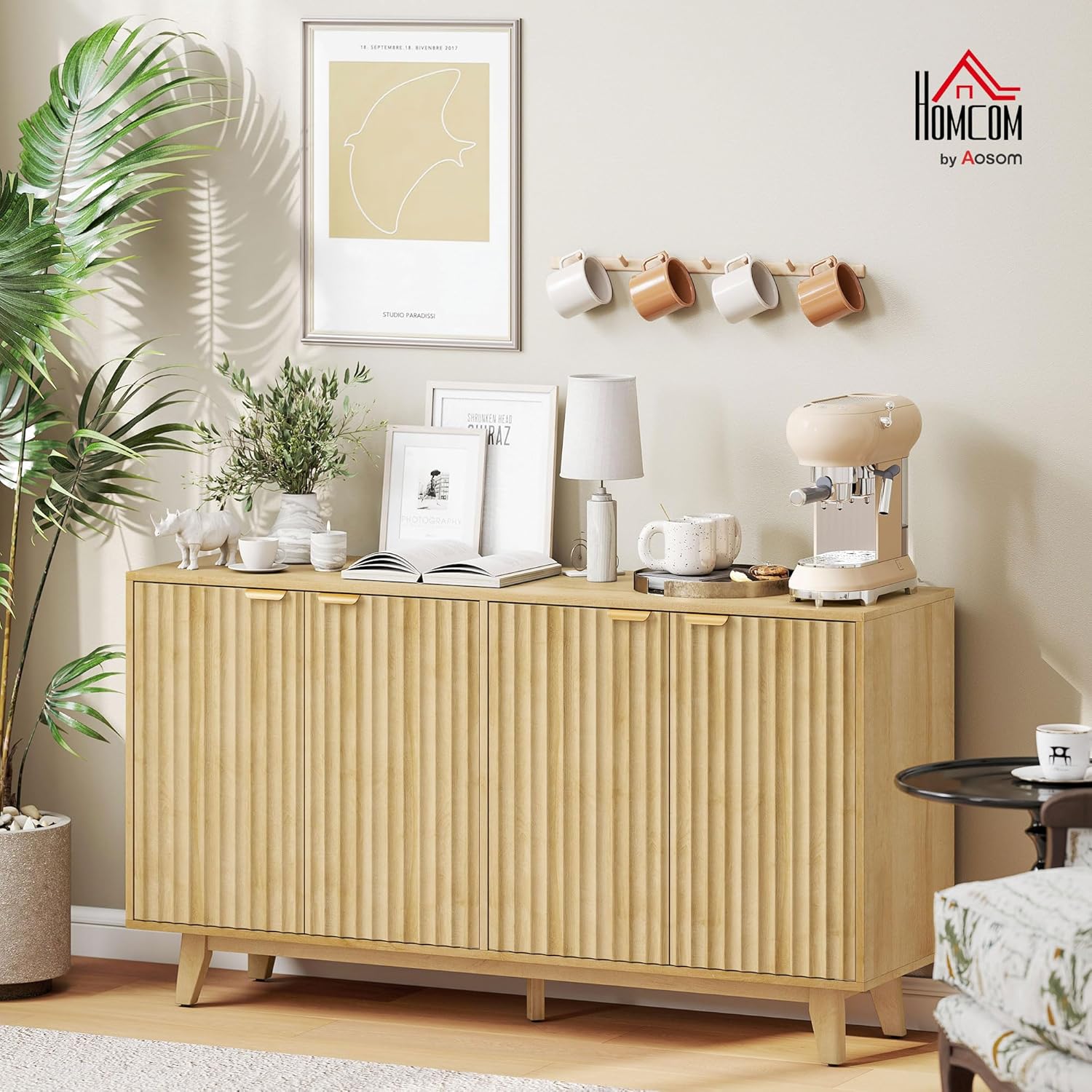 HOMCOM Fluted Sideboard Buffet Cabinet, 55" Modern Accent Console Cabinet with 4 Doors, 2 Adjustable Shelves and 5 Wood Legs, Oak