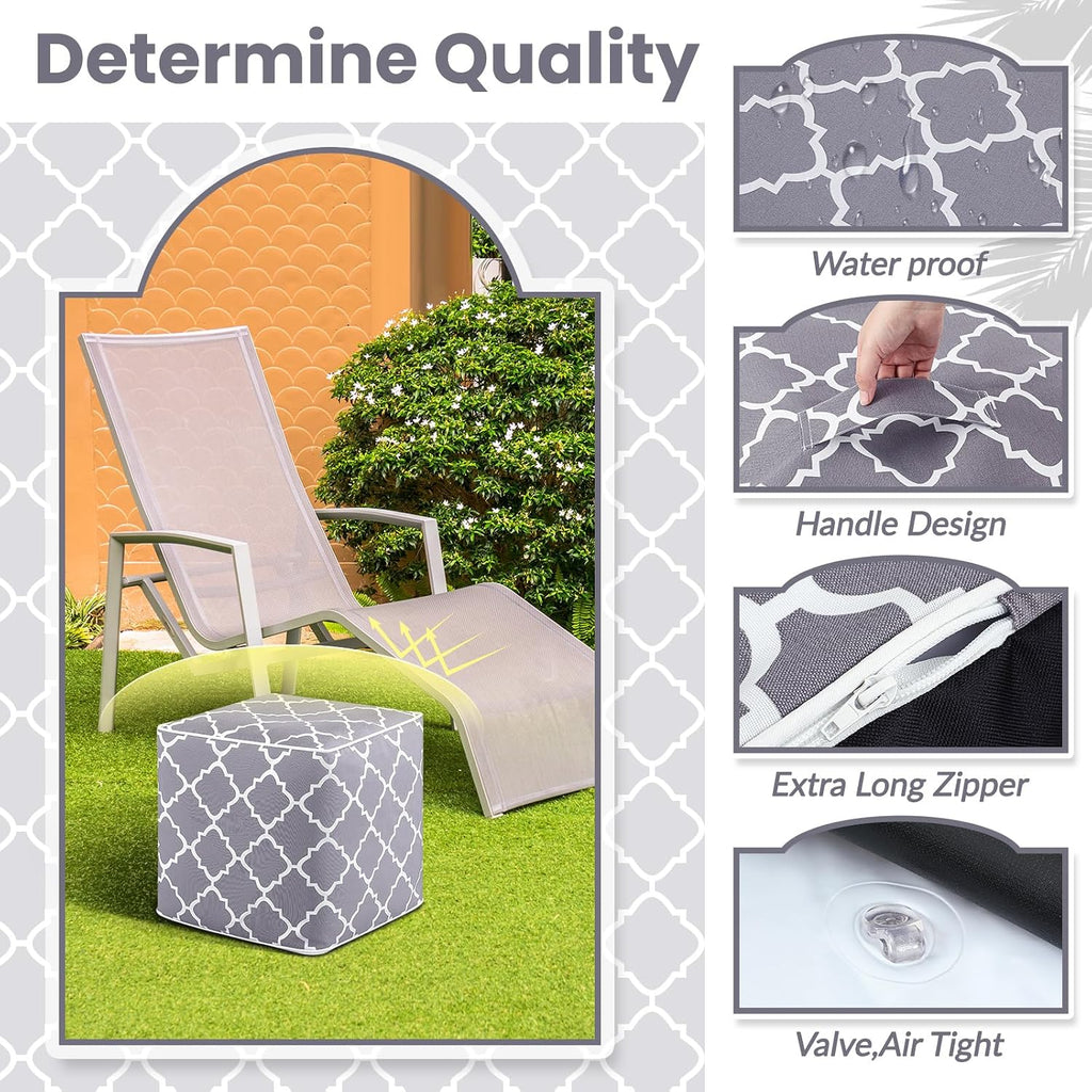 Juexica 2 Pack Inflatable Outdoor Ottoman Pouf Waterproof Cube 16" Square Blow up Ottoman Footrest with Handle Outdoor Portable Footstool for Patio Garden Camping or Home Pool(Classic,Grey)