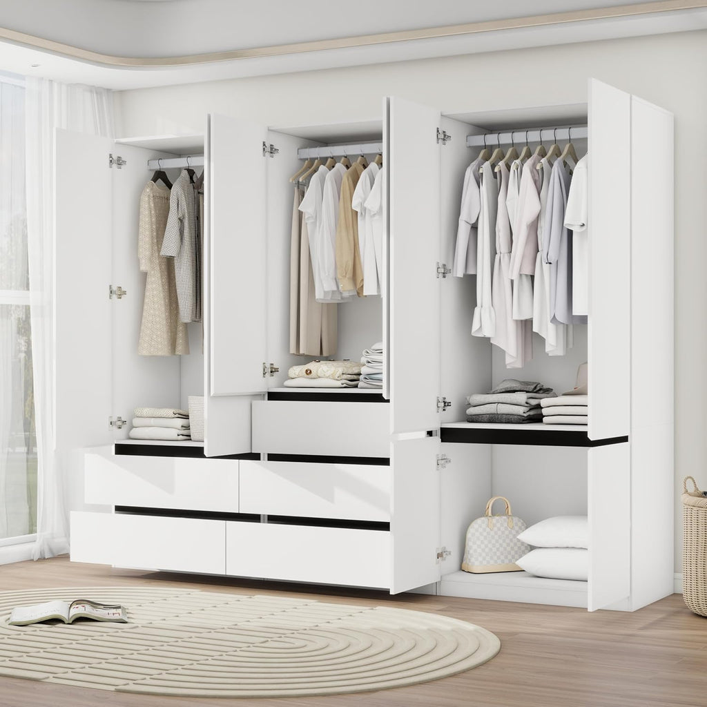 Armoire Wardrobe Closet with Drawers：75" Large White Wardrobe Closet Cabinet with 6 Doors for Hanging Clothes, Modern Wooden Bedroom Armoires with 5 Drawers and Storage (A+B+C, 94.5")
