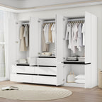 Armoire Wardrobe Closet with Drawers：75" Large White Wardrobe Closet Cabinet with 6 Doors for Hanging Clothes, Modern Wooden Bedroom Armoires with 5 Drawers and Storage (A+B+C, 94.5")