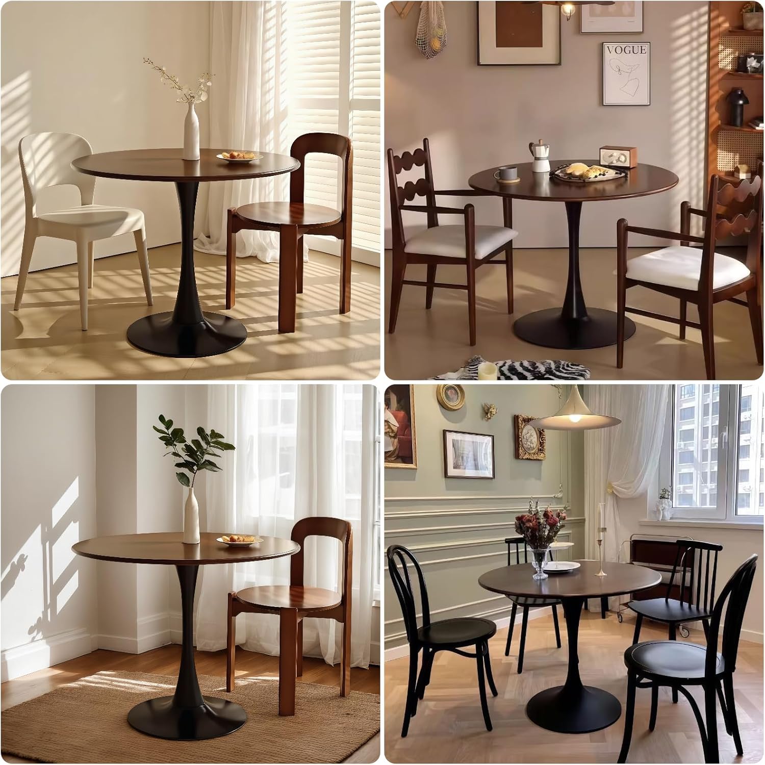 31.5" Round Dining Table, Modern Tulip Pedestal Table with Smooth MDF Round Tabletop & Metal Base, 2-4 Seater Compact Coffee Table for Small Kitchen, Leisure Table for Breakfast Nook, Walnut