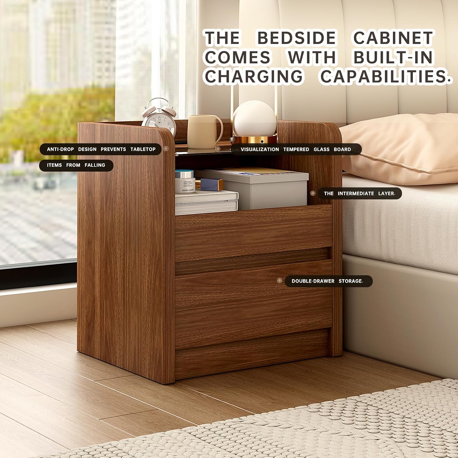 Messenya Modern Nightstand for Bedrooms Set of 2, 20" Wide w/Charging Station & Curved Anti-Collision Design, Mid-Century Storage Cabinet w/Pre-Embedded Slots, Reinforced Panel Construction (2)