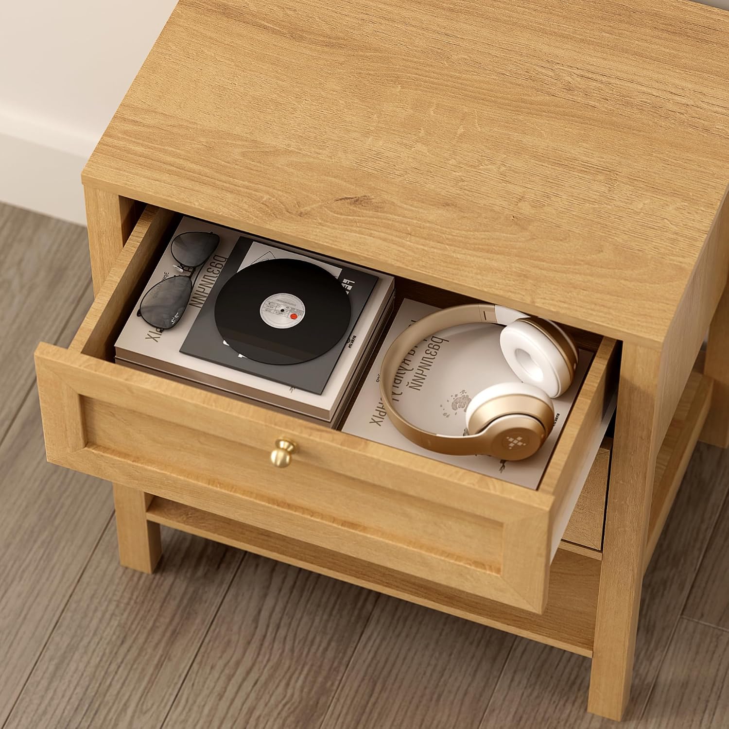 End Table with 2 Drawers, Farmhouse Nightstand with Open Shelf, Modern Bedside Cabinet Side Table Night Stand for Bedroom, Living Room, Natural Oak