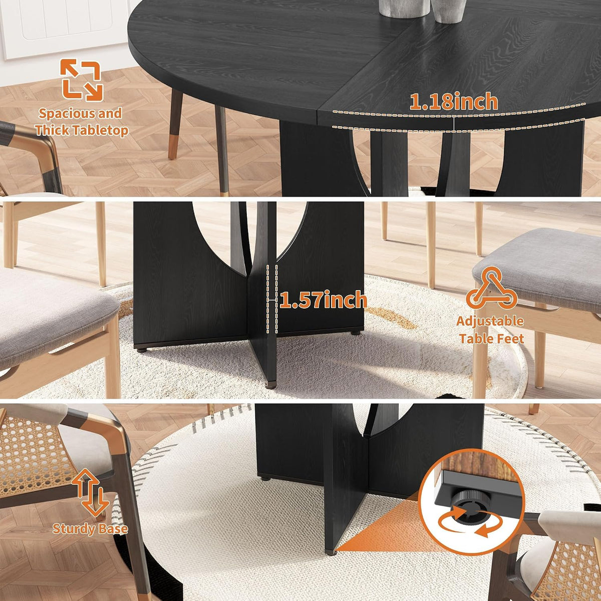 47 Inch Round Dining Table for 4-6, Modern Kitchen Table with Sturdy Wooden Pedestal Base, Dining Room Table, Circle Dining Table for Dining Room, Living Room, Cafe, Easy to Assemble - Black