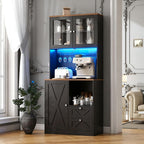 71" Tall Coffee Bar Cabinet with Storage Hutch, Farmhouse Kitchen Pantry Cabinet with LED Lights Microwave Stand and Glass Holder for Home Dining Room Kitchen (Black)