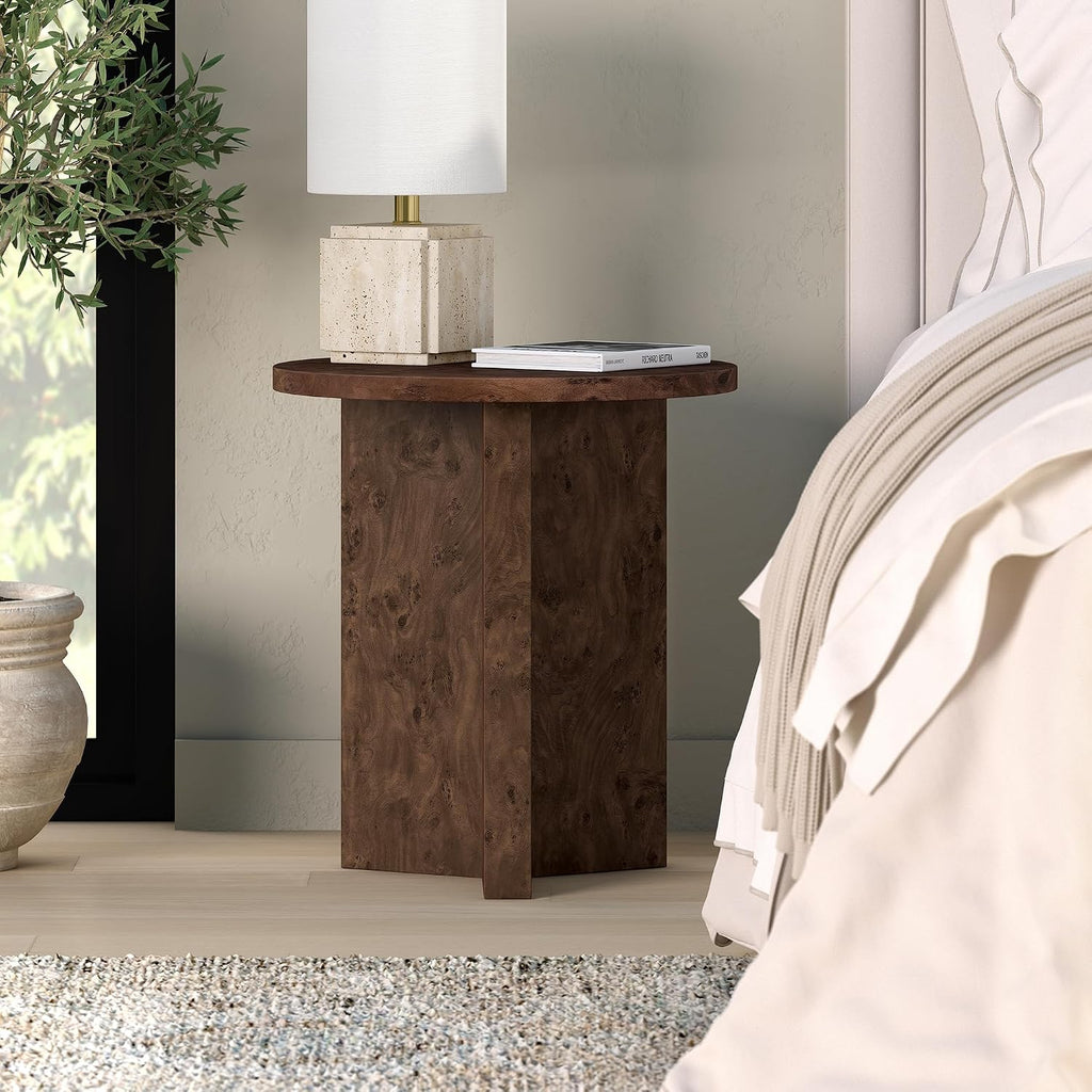 Henn&Hart 20" Scandinavian Round Wooden End Table, Side Table, Nightstand with X-Base for Living Room, Office, Family Room, or Bedroom, Walnut Burl
