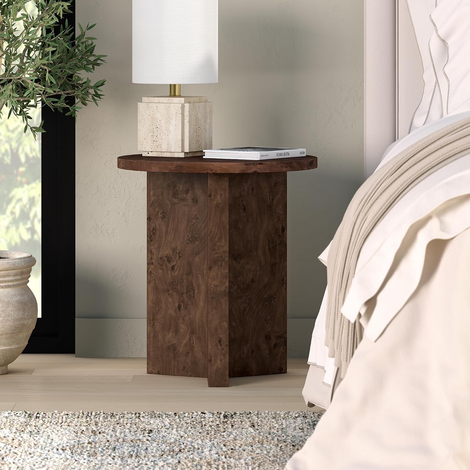Henn&Hart 20" Scandinavian Round Wooden End Table, Side Table, Nightstand with X-Base for Living Room, Office, Family Room, or Bedroom, Walnut Burl