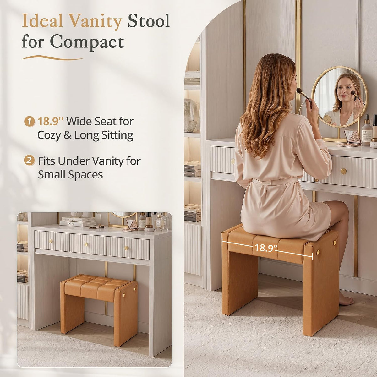 LUE BONA Modern Grid Tufted Vanity Bench Stool, 4.33'' Thick Chenille Upholstered Ottoman Footstool for Makeup Room, Bedroom & Living Room, 200lbs Capacity, Brown