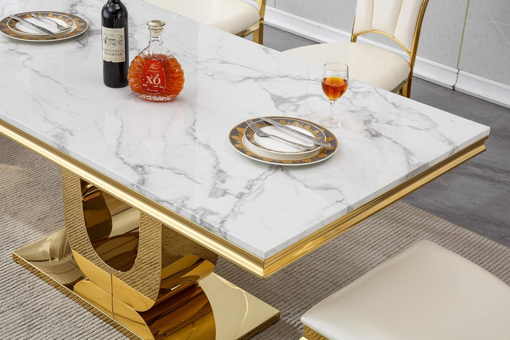 White Marble Dining Table for 6 Modern Luxury Faux Marble Kitchen Table for 6, 68" Large Dining Room Tables with U-Shape Gold Stainless Steel Base