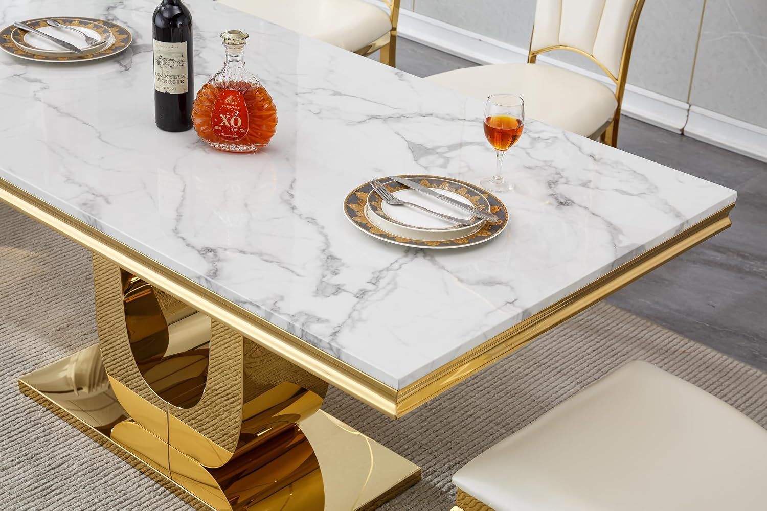 White Marble Dining Table for 6 Modern Luxury Faux Marble Kitchen Table for 6, 68" Large Dining Room Tables with U-Shape Gold Stainless Steel Base