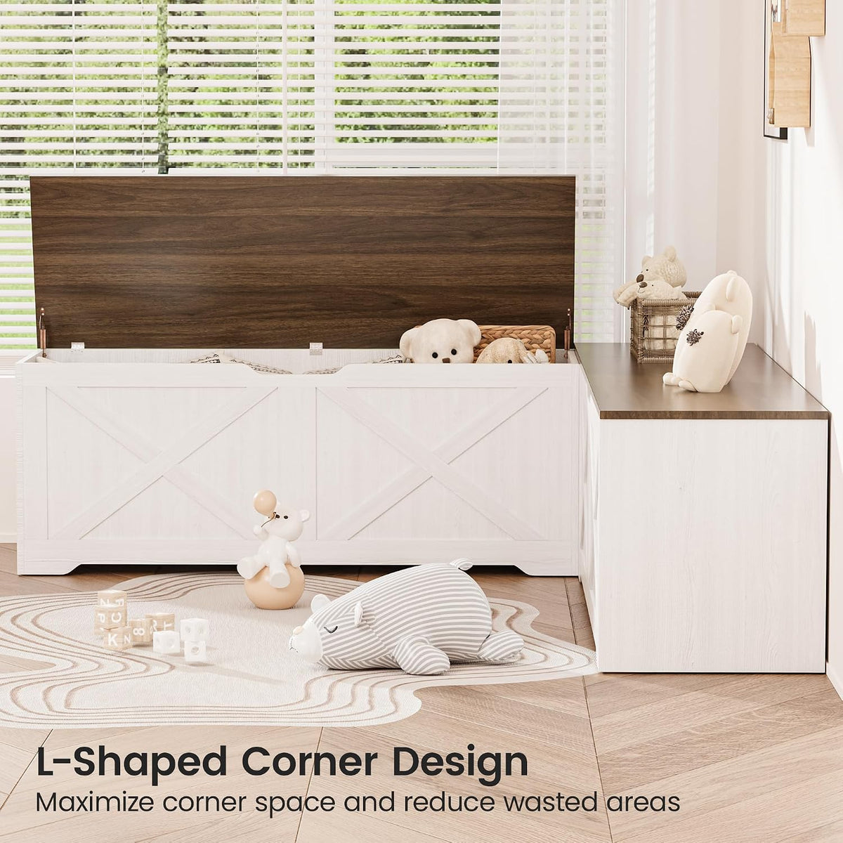 L Shaped Storage Bench, 63" Corner Bench with Storage, Breakfast Nook Bench with 3 Hidden Flip-Top Compartments, Backless Dining Bench for Kitchen, Entryway, Dining Room, Walnut White