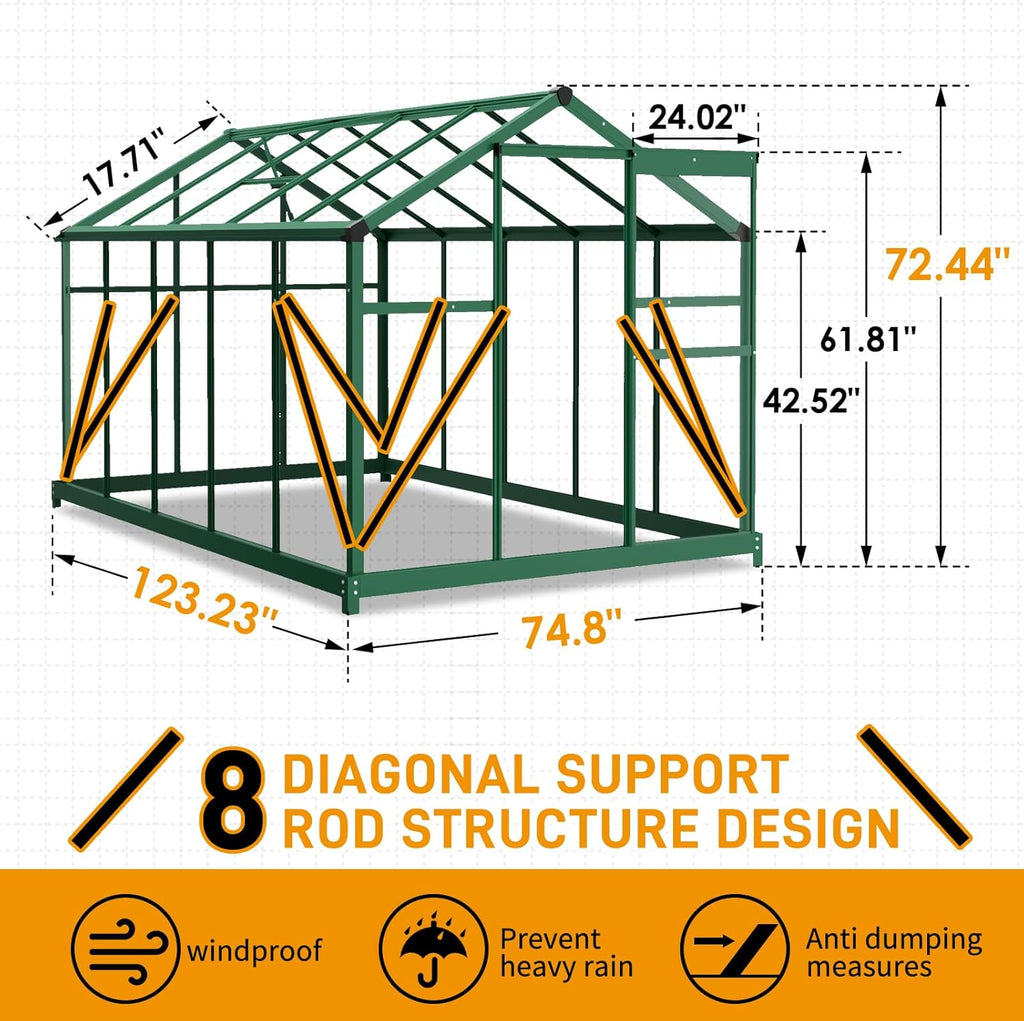 VINGLI Greenhouse, 6x10 FT Heavy Duty Polycarbonate Greenhouse with 5 Roof Vents, Aluminum Frame, Sliding Doors, Green