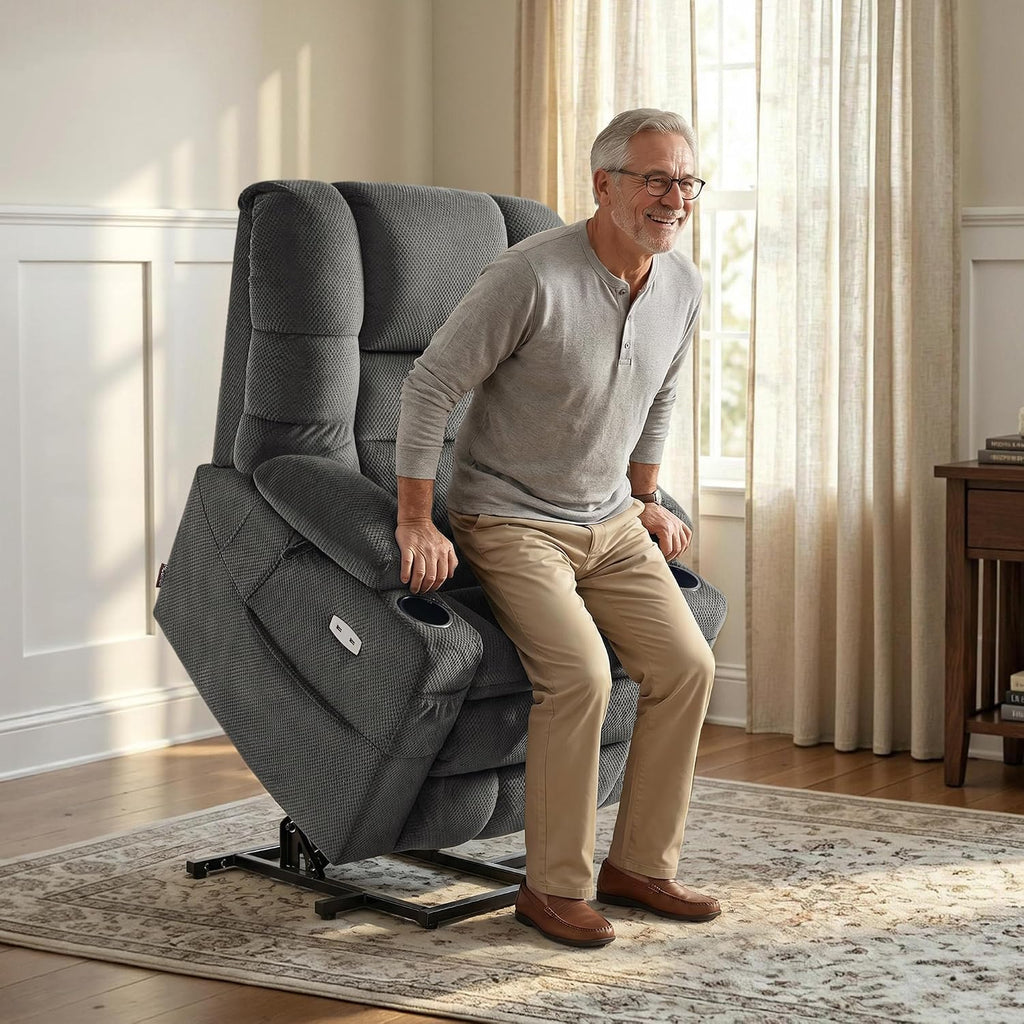 MCombo Triple Motor Lay Flat Power Lift Recliner Chair for Tall Elderly, Infinite Position, Massage, Dual Heating, Adjustable Headrest, Fabric 7634 (Grey, Large)