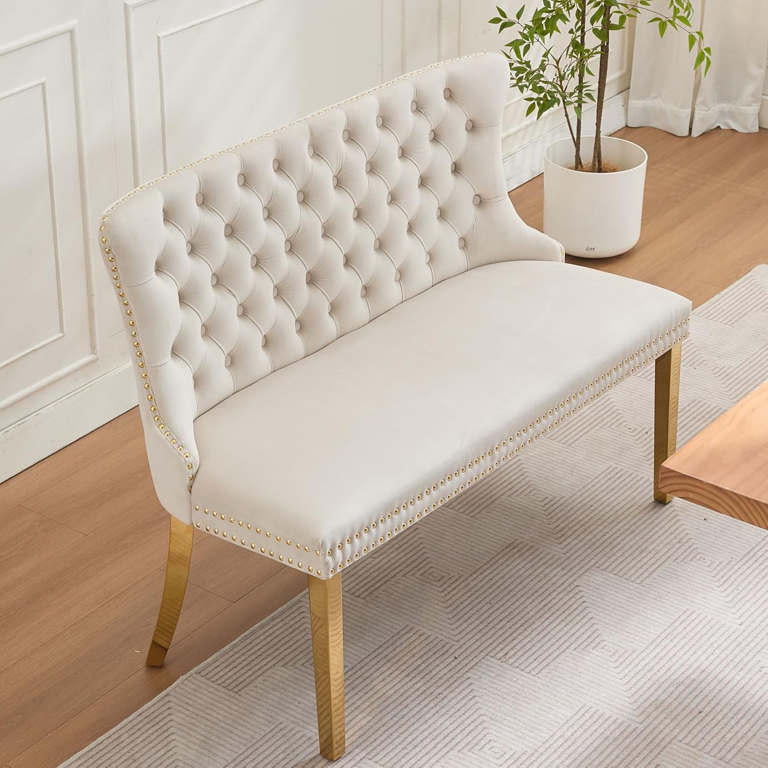 Upholstered Dining Bench with Back Button Tufted Settee Benches Small Loveseat Sofa Couch for Small Spaces,Entryway,Kitchen Banquettee Seating Sofa Benches with Backrest (Beige, Dining Bench)