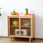 Bamboo Kitchen Sideboard Pantry Cabinets with Hooks, Large Storage Cupboard Pantry with 4 Tempered Glass Doors, Microwave Shelf, Freestanding Storage Buffet for Dining Room (Sideboard-32)