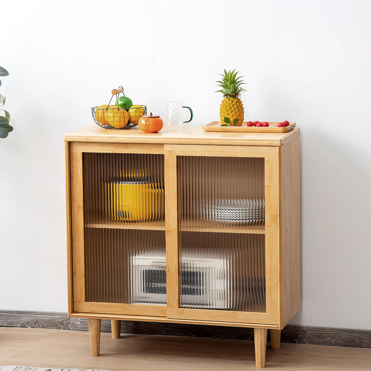 Bamboo Kitchen Sideboard Pantry Cabinets with Hooks, Large Storage Cupboard Pantry with 4 Tempered Glass Doors, Microwave Shelf, Freestanding Storage Buffet for Dining Room (Sideboard-32)