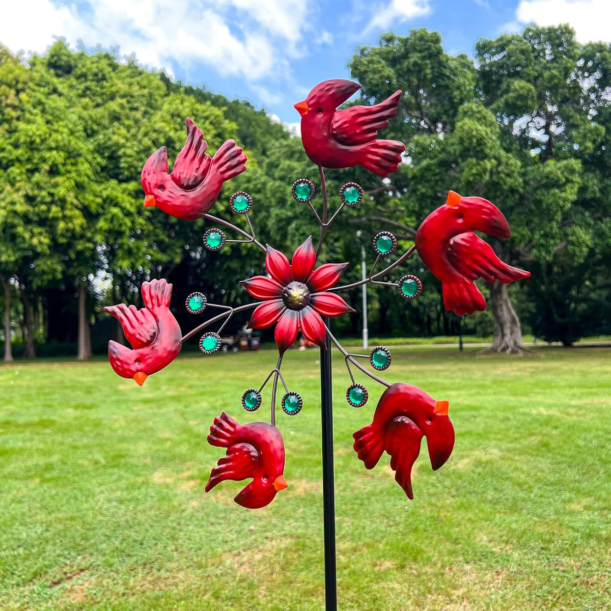Cardinal Red Bird Wind Spinner Garden Decor, 48 Inch Metal Yard Spinner Sculpture for Patio Lawn & Outdoor Decorations