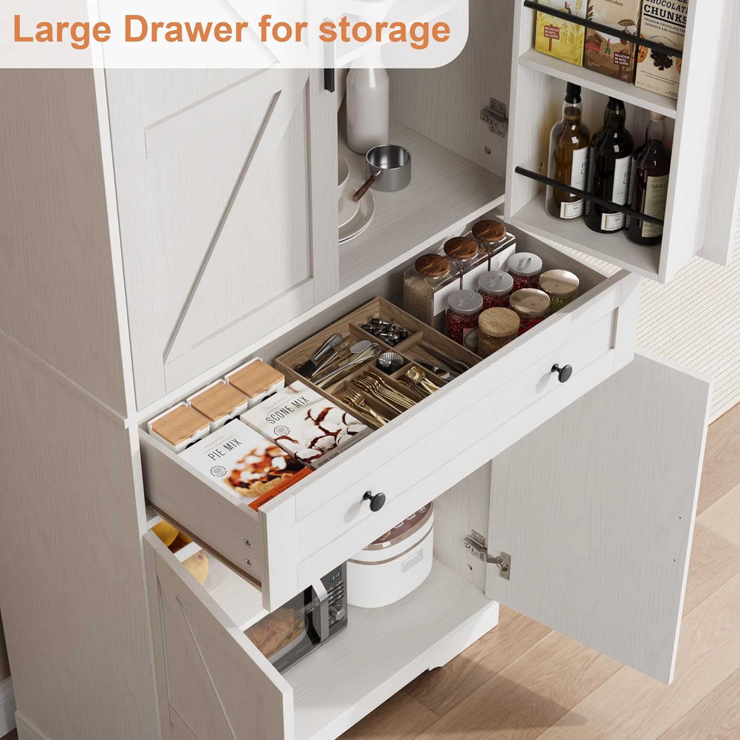 Garvee 71" Kitchen Pantry Cabinet, Barn Door Freestanding Cupboard with Drawer, Sliding Storage Rack, and 6 Hanging Shelves for Kitchen, Dining Room, Living Room Bedroom