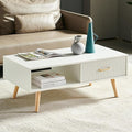 Mid Century Wooden Coffee Table with Stripe Drawer，Modern 41" Large Center Table with Storage，Rectangular White Coffee Tables for Living Room, 2-Tier Cocktail Table, Solid Wood Legs