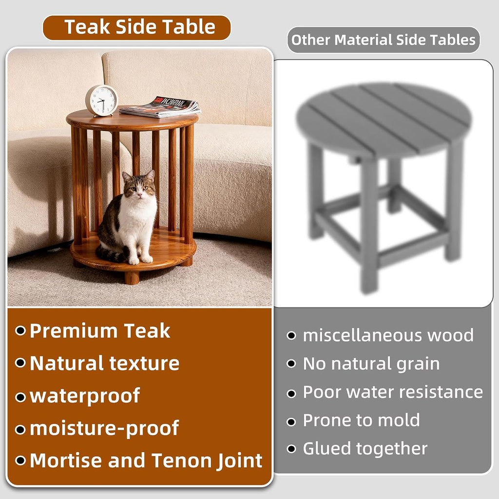 Round Teak End Table with Storage, Nightstand Sofa Side Table for Living Room Indoor/Outdoor Use, Accent Coffee Table for Patio Balcony Wooden Furniture, 15"x15"x19"