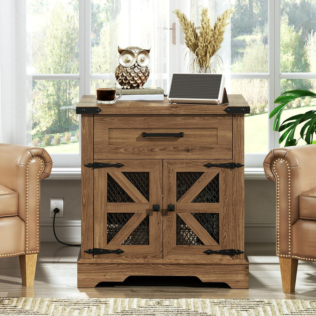 RALGEND Walnut Farmhouse End Table with Charging Station, 24" Large Sofa Side Table with Drawer, Large End Table for Living Room, Wooden Nightstand with Outlet, Square, Walnut